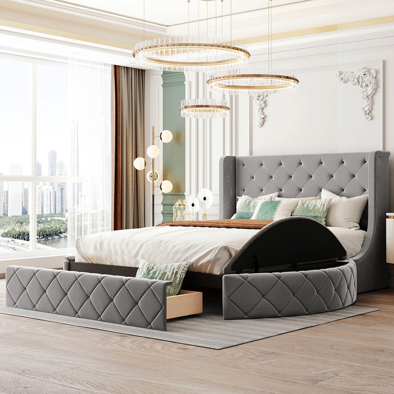 Lit plateforme tapissier en velours avec rangement Maryanna, tête de lit à oreilles, 1 grand tiroir et 2 tabourets de rangement latéraux (gris)