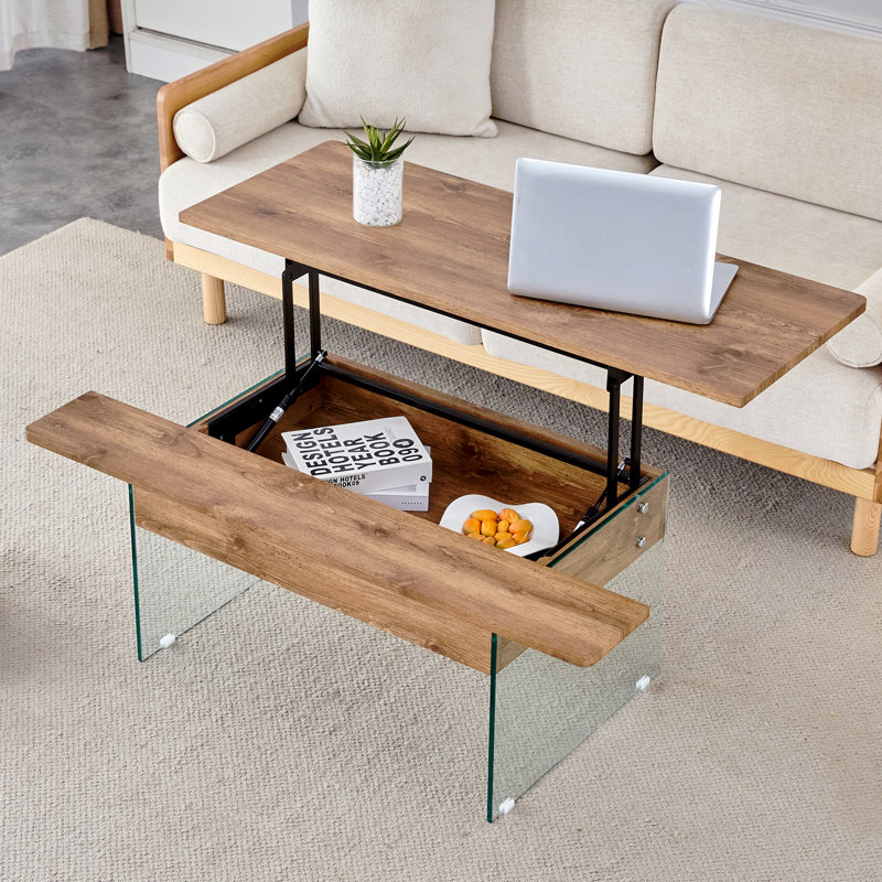 La table basse de 43,3 pouces avec fonction de réglage de la hauteur (avec espace de rangement) combine style rustique et verre trempé. Conception peu encombrante, convient au salon et au bureau