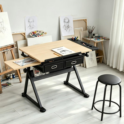 Height Adjustable Drafting Table with 0-75° Tilting Tabletop – 2 Storage Drawers & Stool – Multifunctional Art Desk for Adults & Teens, Perfect for Drawing, Painting, Writing
