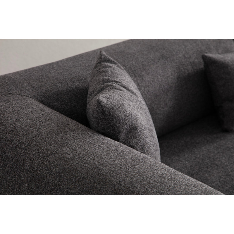 Canapé moderne 3 places Mehruddin, couleur anthracite, 88,6 x 36,6 x 29,5 pouces | Structure en bois de hêtre durable et en carton, tissu 100% polyester, nettoyage à sec | Coussins de dossier en mousse et en silicone gris doux | Pieds élégants en métal noir
