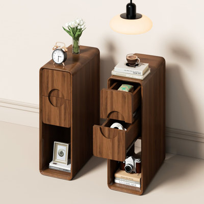 Narrow Side Table Set Of 2, Small End Table With 2 Drawers, Skinny Side Table, Mid Century Modern Side Table For Living Room, Small Spaces