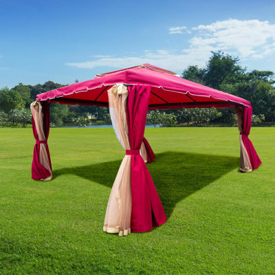 3m x 4m Red Garden Gazebo with Curtains & Mosquito Netting – Heavy-Duty Aluminium Frame, Waterproof Double Roof Patio Canopy