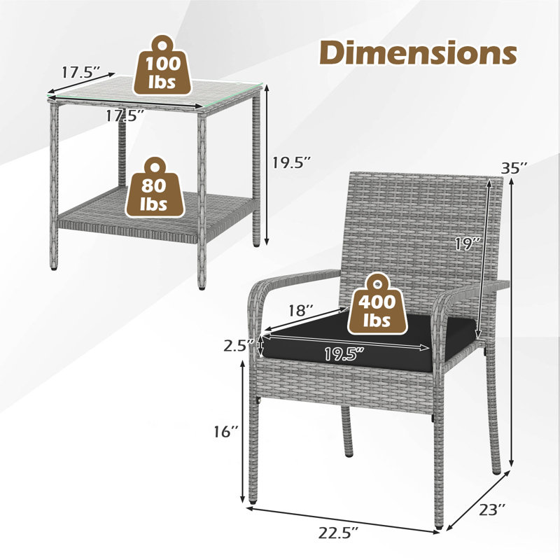  3 Pieces Patio Furniture Set PE Rattan Porch Chairs w/ 2-Tier Table Black, Black