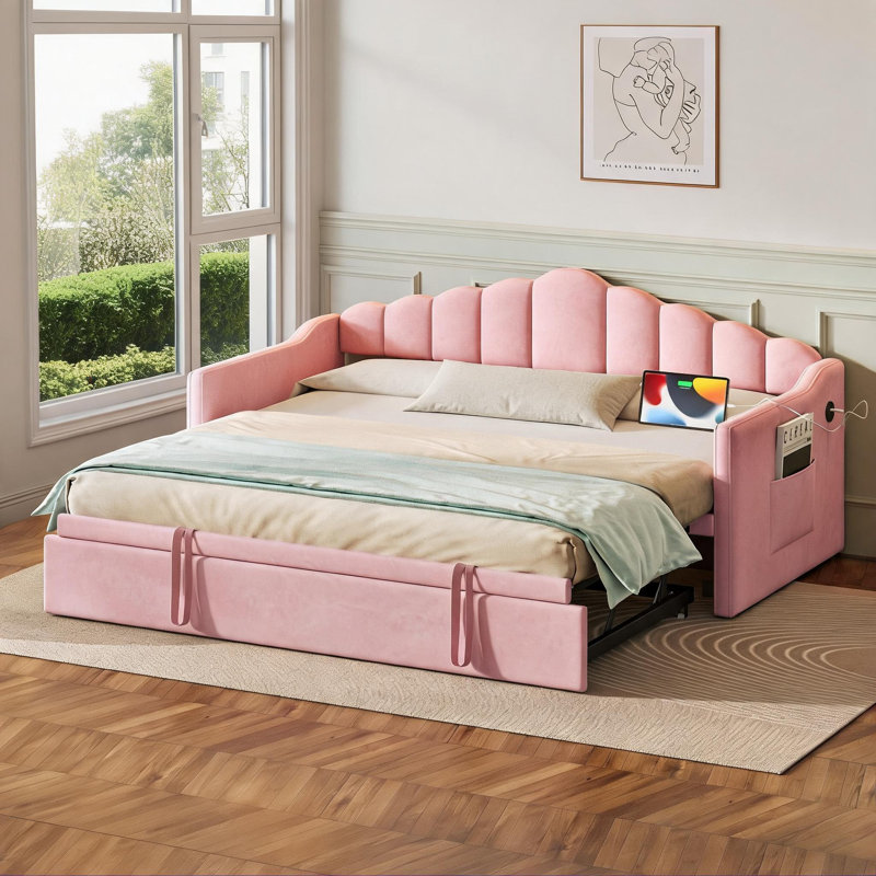 Lit plateforme simple en velours rose doux avec couchette escamotable plateforme et couchette