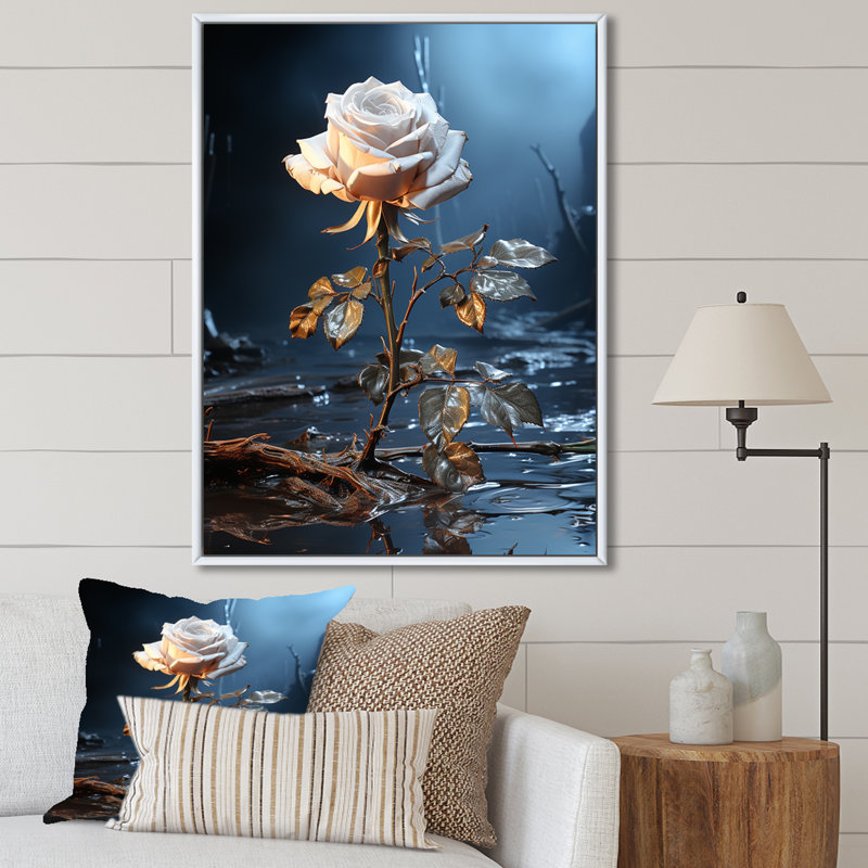 «Moonlit Flower Serenity Blooms III - Rose», art mural, Cadre flottant blanc, H 40 po x l 30 po x P 1,5 po