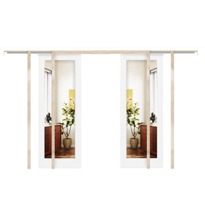 1 - Lite Mirrored Surfaced Solid Wood Pocket Interior Door With Hardware Included,2 Doors