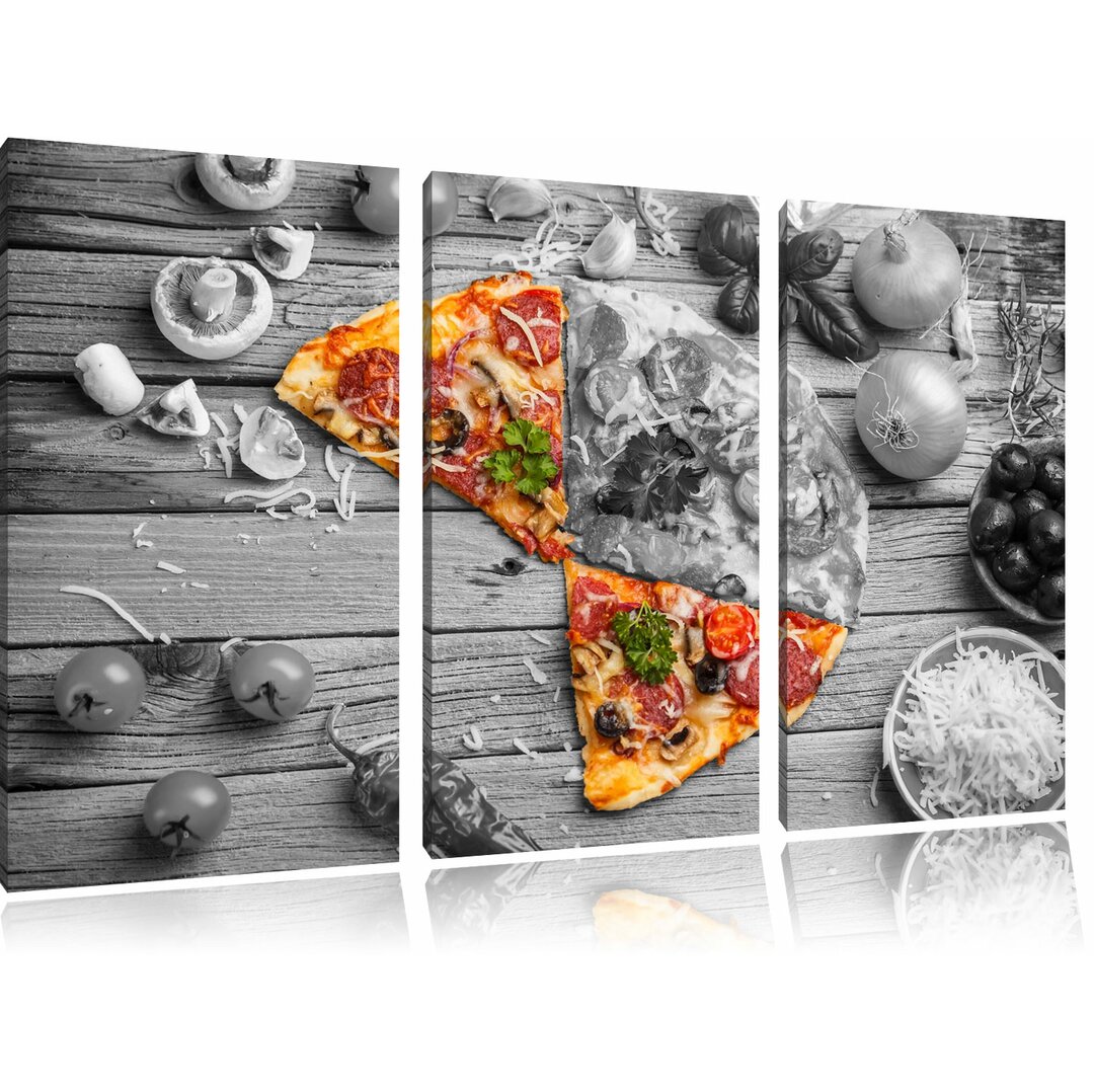 3-tlg. Leinwandbilder-Set „Köstliche Pizza auf Holztisch“, Fotodruck