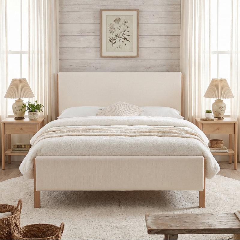 Lit tapissier Modern, minimaliste, grand, lin blanc, White, Queen