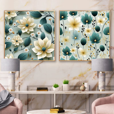 Bleu sarcelle et ivoire, motif floral côtier - ensemble de 2 collages floraux carrés