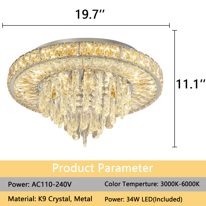 Lustre de chambre en cristal à intensité variable, Chrome chrome