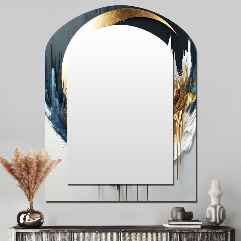 Gold Black Abstract Moon - Abstract Shapes Arch Decorative Mirror, Gold Asymmetrical Wall Mirror, Printed Metal Art