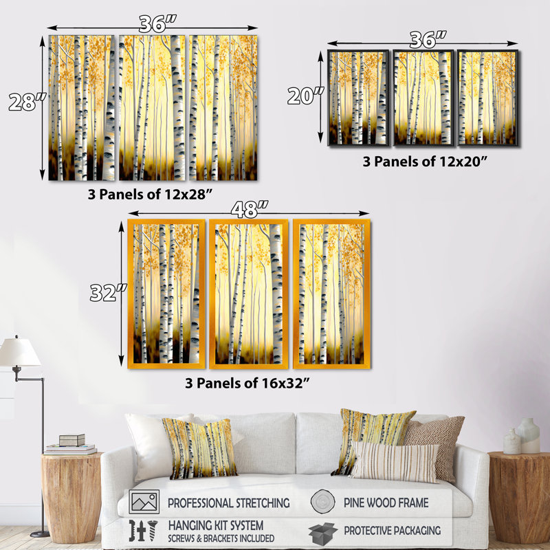 Golden Birch Trees Forest II - ensemble d'art mural sur toile paysage, Cadre noir, H 28 po x l 36 po x P 1 po
