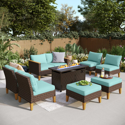 Ensemble de conversation modulaire en osier pour l'extérieur 9 personnes avec table de foyer Phenice