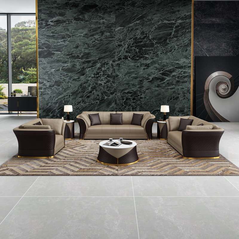 3 - Piece Living Room Set, Beige Chocolate Genuine Leather