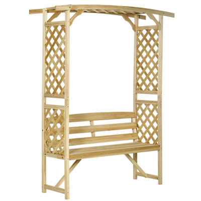 Magnifique banc de jardin en bois naturel à 3 places avec pergola et treillis, idéal pour les plantes grimpantes