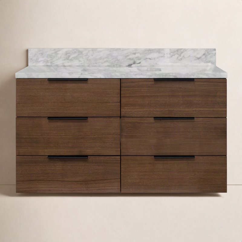 Mitchell 42'' Single Bathroom Vanity with Top, Walnut, Carrara Marble