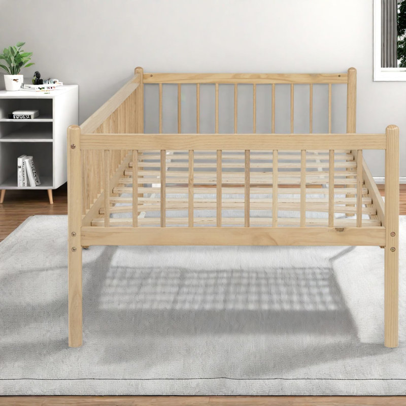 Lits de jour jumeaux en pin avec rangement, 3 barrières de sécurité latérales, style rustique moderne pour la maison, Tanné