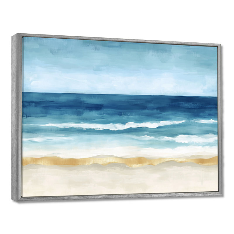 Blue Gold Ocean Canvas, Tropical Wave Wall Art, Cellie, H 24 po x l 32 po, Encadrement argenté
