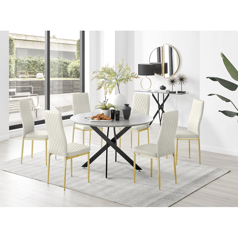 Tierra Modern Chrome Metal & Glass Round Dining Table Set with 6 Quilted Velvet Chairs, Black, Black