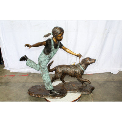 Nifao Collection Young Girl and Her Dog Playing Bronze Statue 53" x 21" x 40"H