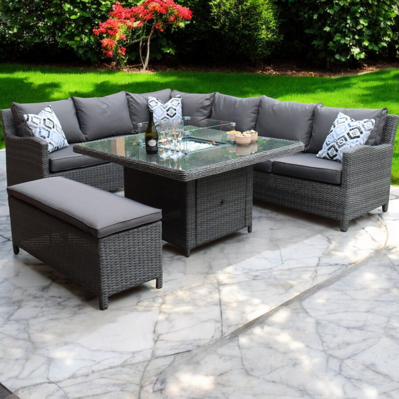 PARIS 7pc Deluxe Modular Corner Dining Set 2pc LH / RH Sofa, 1pc Corner Chair, 1pc Middle Chair & 1 Bench with 120x120cm Fire pit table