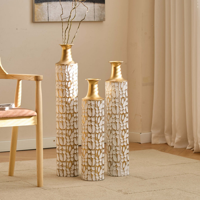 Decorative Metal Vases Set Of 3, 24/28/32.3 Inch Gold Leaf Pattern Floor Vases, White & Gold Tall Vases For Home Decor, Living Room Entryway Decor (5.31In Base Width)