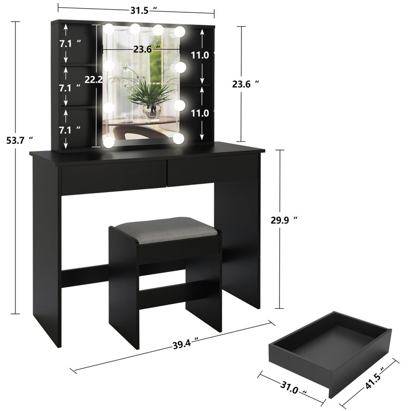 Ensemble coiffeuse avec tabouret et miroir Davisboro, Noir