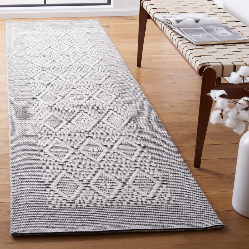 Vermont Hand Woven Wool/Cotton Geometric Rug in Black/Ivory, Runner 2'3" x 8'