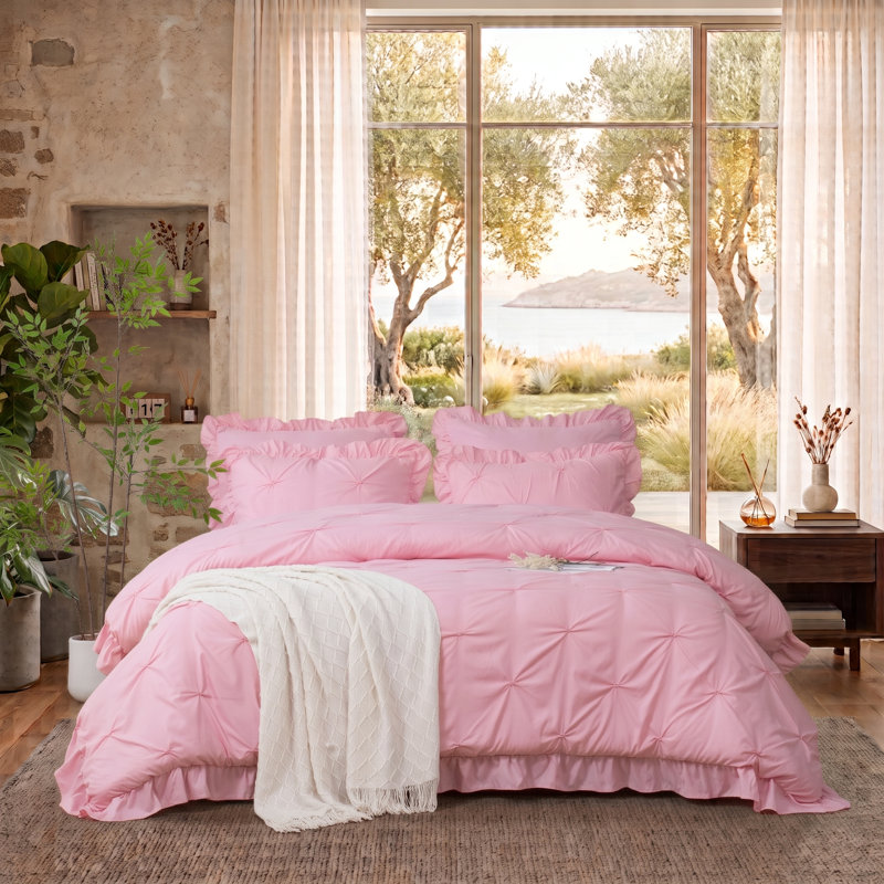 5 Piece Romantic Princess Pintuck Comforter Set, Pink, Queen Comforter + 4 Standard Shams