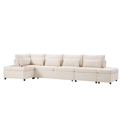 Canapé-lit modulaire de 107 po avec canapé-lit, accoudoirs réglables en forme de L, charge USB et de type C, repose-pieds avec rangement à mouvement libre, combinaison libre pour le salon et l’appartement, chenille