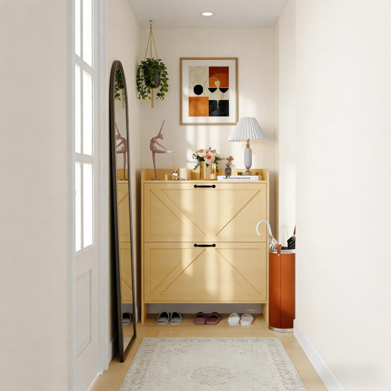 Freestanding Hidden Narrow Shoe Cabinet Organizer with 2 Flip Drawers for Entryway, Beige Wood