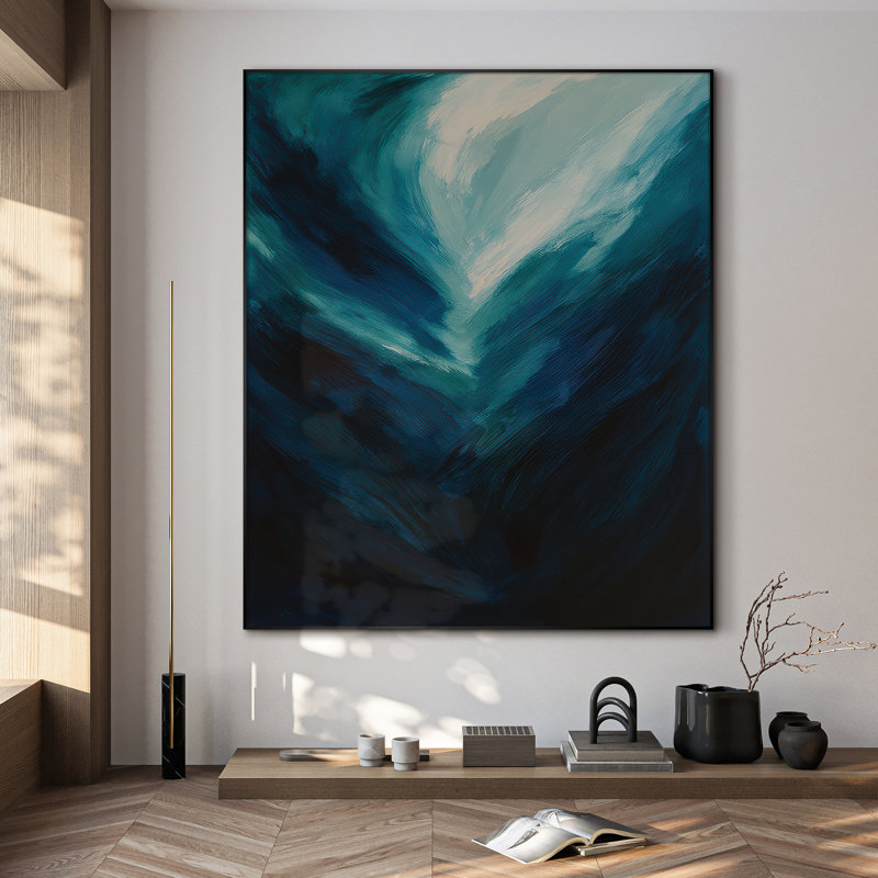 Très grande reproduction d'art en tissu sur fond bleu sarcelle à motif abstrait en forme de V pour le salon ou la chambre à coucher - «Assemblage requis du cadre (cadre non fini)»