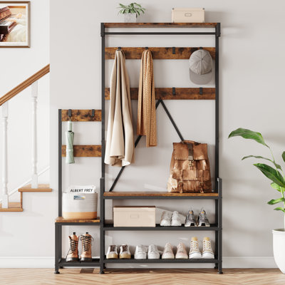 Hall Tree with Bench in Brown - Entryway Organizer with Storage Compartments, Hooks and Top Shelf for Hallway or Living Room