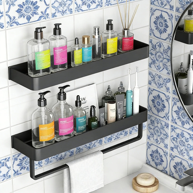 2-Tier Floating Wall Shelf With Removable Hooks, Black