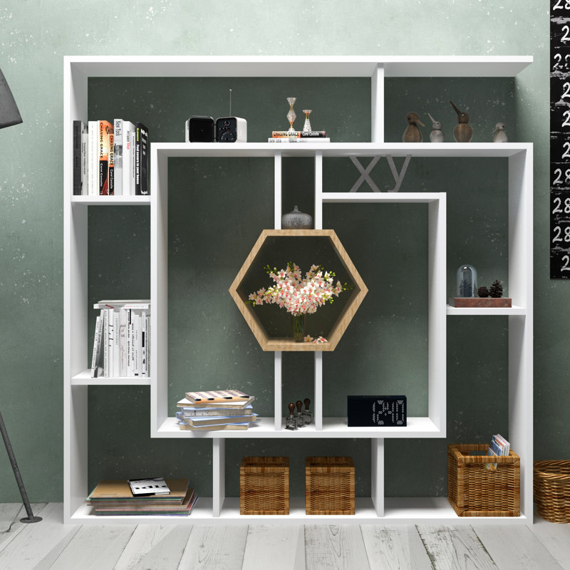 Okane 52" H x 52" W Geometric Bookcase, White/Oak