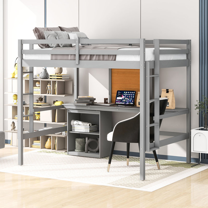 Lit mezzanine gris avec bureau - armoire 2 tiroirs en bois et zone d'écriture en bois massif gris, armoire solide depuis plus de 6 ans