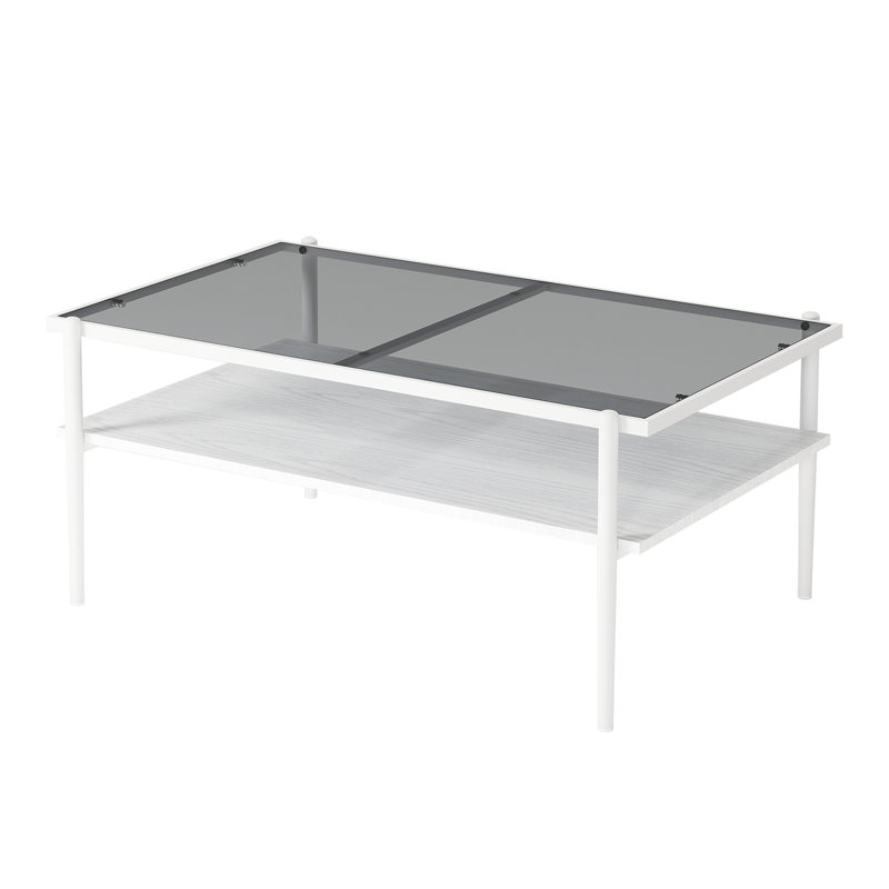 Coffee Table With Gray Tempered Glass Top And Solid White Metal Legs Rectangle Smooth