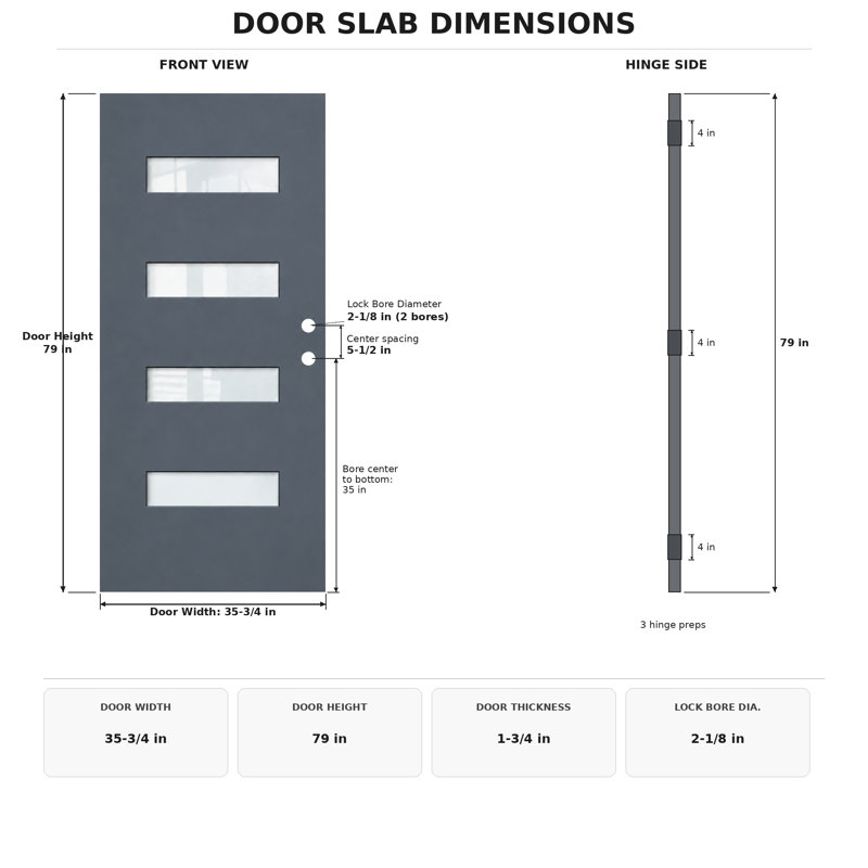 Plaque de porte en fibre de verre gris clair 36 po x 80 po avec verre givré, ouverture à gauche