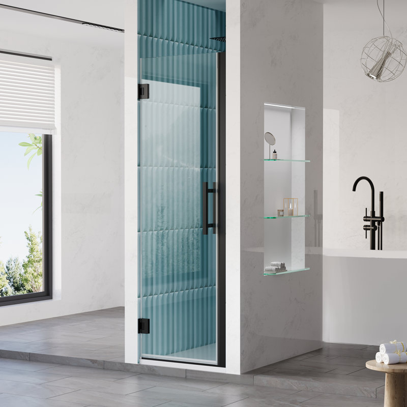 24-25 in.W x 72 in.H Hinged Frameless Shower Door with SGCC certified Tempered Glass,Matte Black, Matte Black