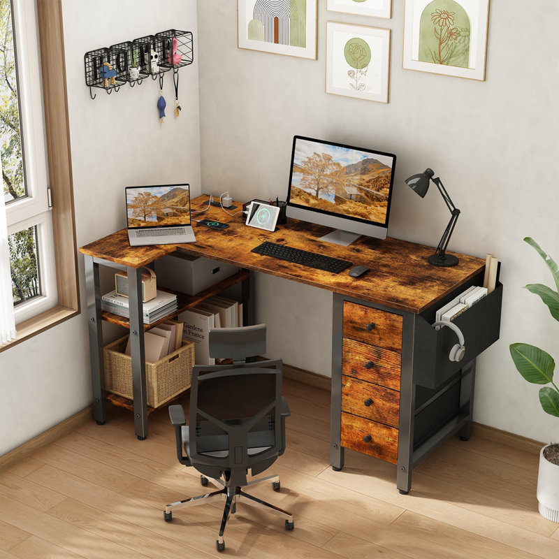 Bureau d'ordinateur en L avec tiroirs et tablettes de rangement Cheshire Outlets, Brun / Noir