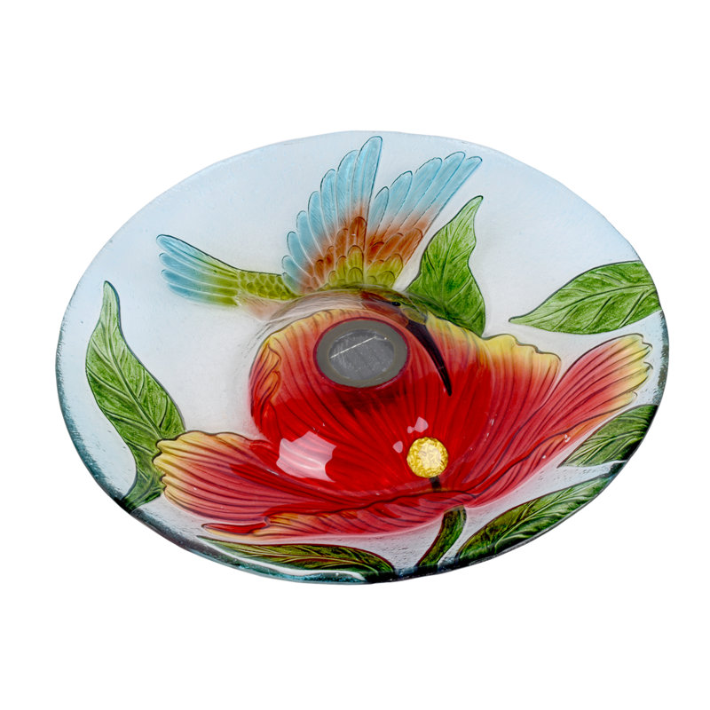 Solar LED Floral Glass Bird Bath with Metal Stand