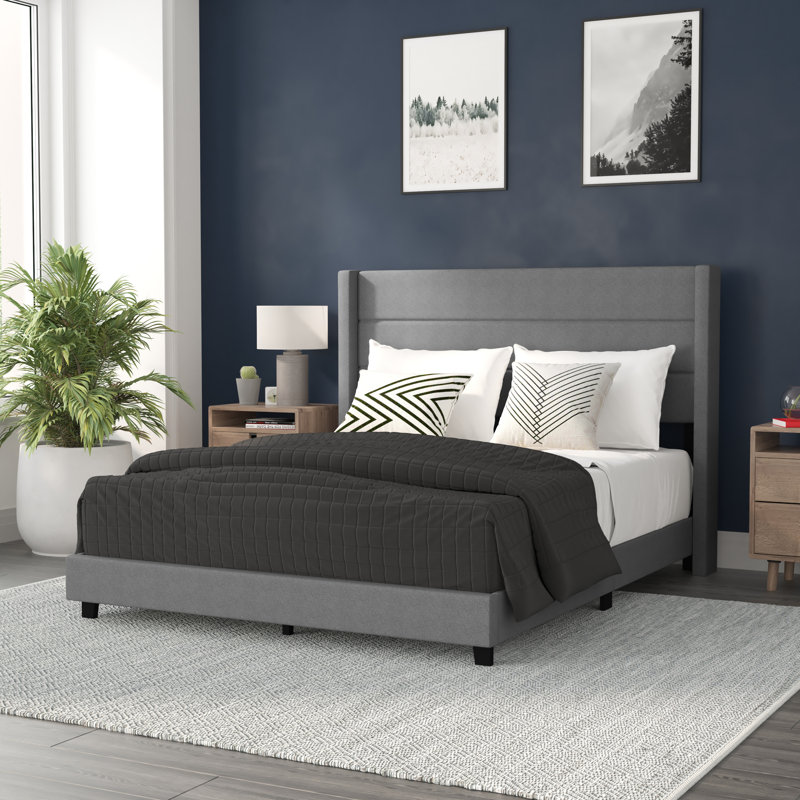 Upholstered Platform Bed with Wingback Headboard, Mattress Foundation with Slatted Supports, Queen, Gray
