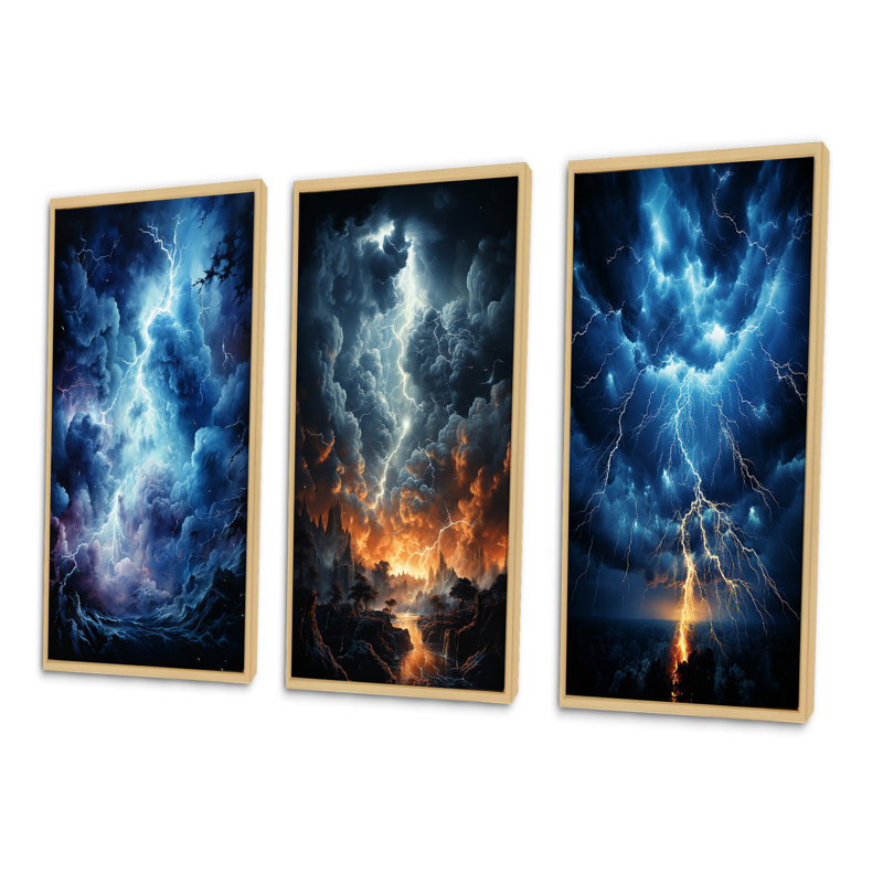 «Lightning Electric Symphony», 3 pièces sur toile, Cadre naturel flottant, H 40 po x l 60 po