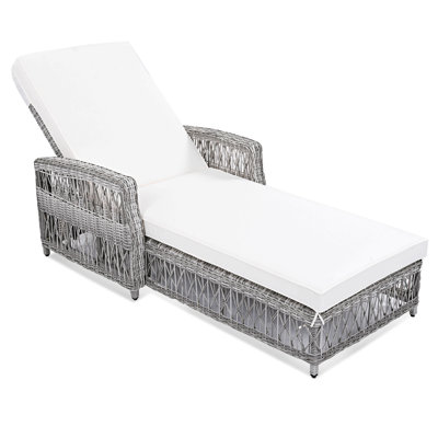 Outdoor Long Reclining Chaise, Wicker Lounge With Armrests, Patio Adjustable Recliner With Soft Removable Cushions, All Weather Rattan Pool Lounge For Poolside & Garden