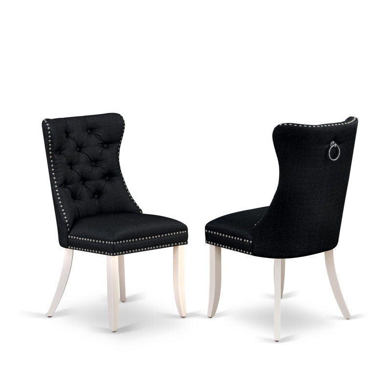 Denison Parson Dining Chairs - Button Tufted Nailhead Black Polyester Fabric Padded Chairs, Set of 2, Linen White, Black