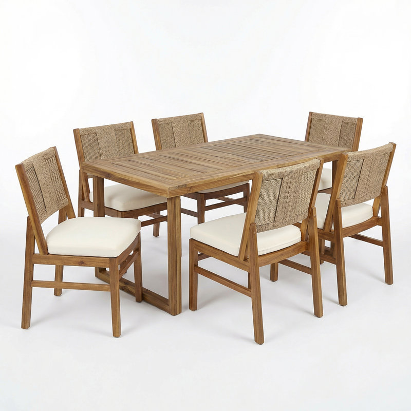 Jive Patio 7-Piece Acacia Wood Dining Set With Handwoven Wicker Chairs & Cushions