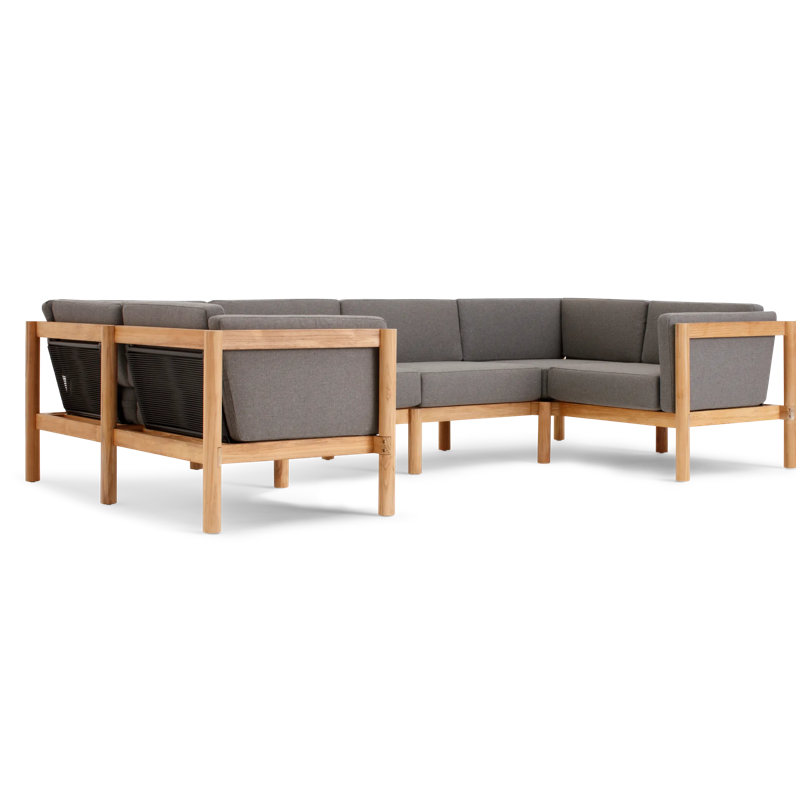 Canapé modulaire d'extérieur en teck de 8 pièces Haven avec coussins Sunbrella Haven, Sunbrella pierre grise