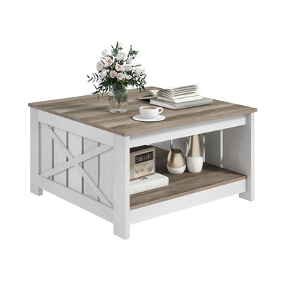 31.5"W Farmhouse Square Coffee Table with Bottom Shelf Storage, Fence Paneled Design