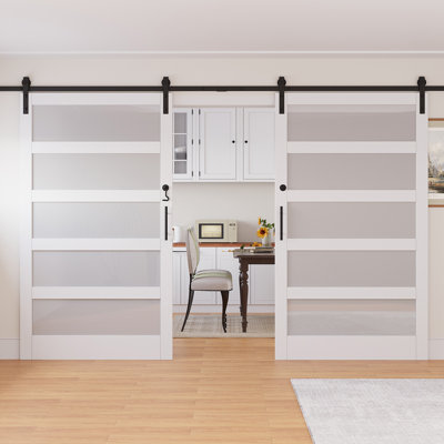 Double Sliding Frosted Glass Barn Door with Installation Hardware Kit (Door Lock/Soft Close Included)