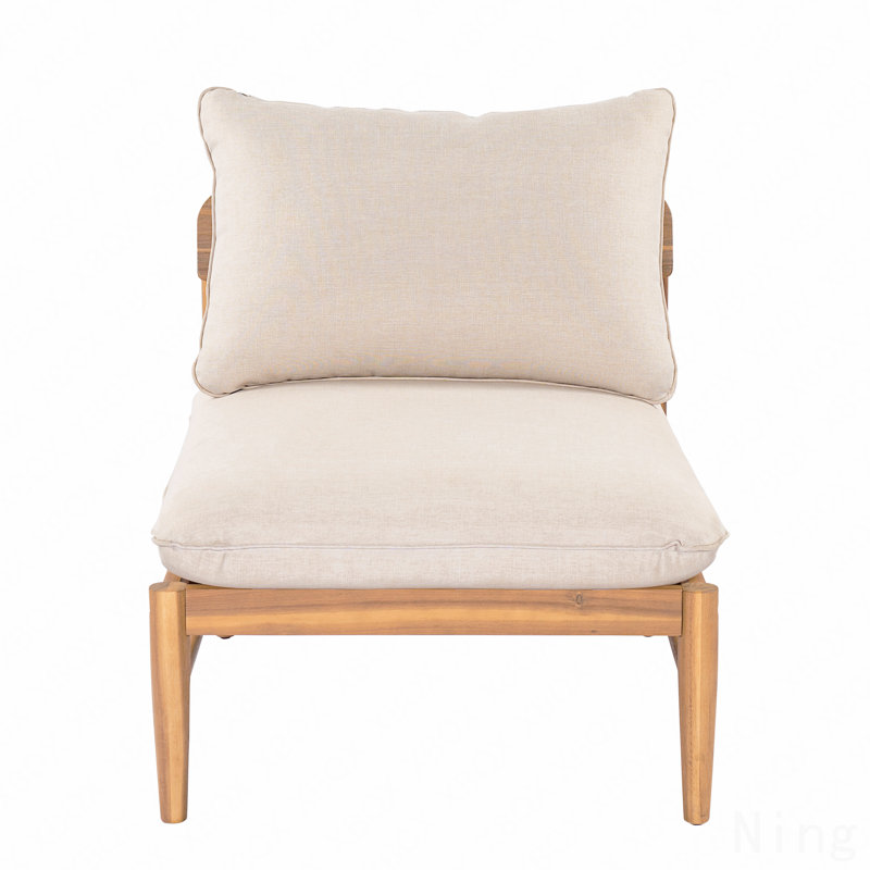 Canapé d'extérieur en bois d'acacia sans accoudoirs, finition teck clair avec coussin beige